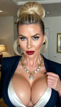 The busty body of the British headmistress was on full display as she walked through the multiverse with her massive black unbuttoned suit jacket and golden diamonds necklace. Her heavy breasts bounced with every step, drawing attention from all around. Her