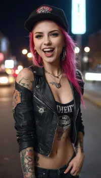 The stunning girl with piercings and tattoos strutted down the street, her neon signs glowing in the night. She had a radiant smile that lit up her face, and she was wearing ripped jeans that hugged her curves perfectly. Her rock