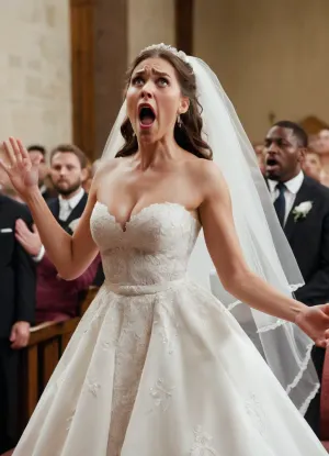 La femme dans la robe frivole sexy se tenait à l'autel, sa gesticulation en colère criant mariée debout à côté d'elle. Le marié était confus et choqué en regardant autour de lui, essayant de comprendre ce qui se passait. Soudain, une image d'un