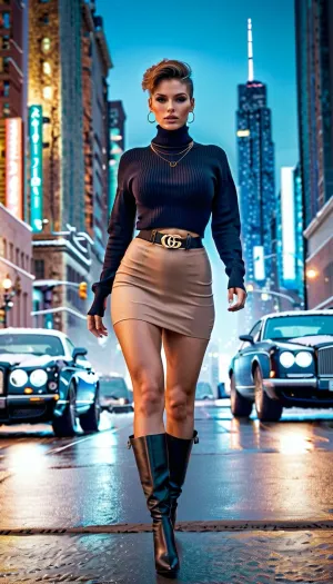 Une image très détaillée et futuriste d'une femme avec chandail recadré, corps mince, cheveux updo, cheveux brun clair, grands seins, vue du corps complet avec noir bentley cntinental gt 2023 en arrière-plan. Elle porte un cyber