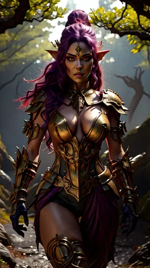 Das Topless Elf Mädchen im photorealistischen hochauflösenden Foto ist perfekte Beleuchtung, goldene Stunde. Sie steht auf einer goldenen Stunde, exponierte Brüste und hinter ihr ist eine Gruppe von Orksmännchen. Sie sind alle nackt und haben Sex