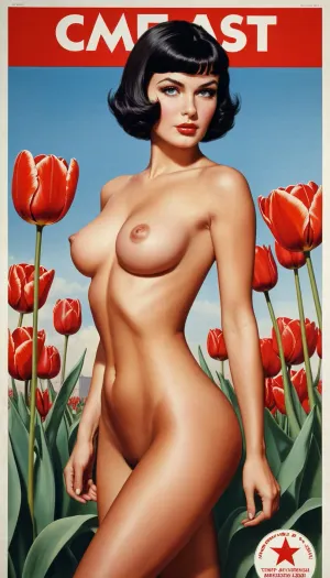 The Soviet communist poster features a young woman with a voluptuous figure and big breasts, wearing an eight-pointed star on her chest. Her nipples are visible through the fabric, and she has a narrow waistline that is accentuated