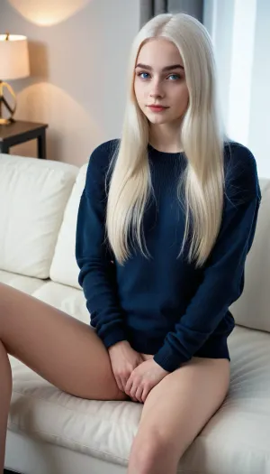 A 19-year-old American woman sat on the white sofa, wearing a black sweater and staring at her phone. She had straight hair, thin lips, big cheekbones, an insanely detailed photo of herself with high quality and full body view
