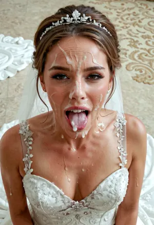 Eine Frau in einem Hochzeitskleid mit cum auf ihrer Stirn und Gesichtsbehandlung wurde von der AI-Generierung Porno-Bilder gefangen. Die KI erzeugte ein Bild der Frau mit ihrem Mund offen, Zunge herausklebend, und tropfte von ihrer Stirn