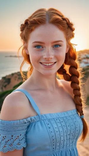 ジンジャーのそばかすと氷の青い目を持つ少女は、彼女の工芸品のマスターで、最高品質の写真の現実主義、彼女の魅力に加えられた笑顔、そして18-21世紀の傑作