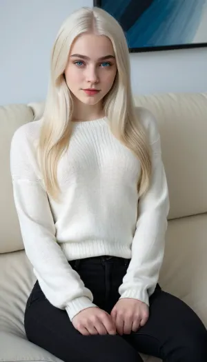 Une femme américaine de 19 ans est assise sur un canapé blanc, avec un pull blanc et un jean noir. Elle a une taille mince, des lèvres fines, de grandes pommettes, une photo incroyablement détaillée de son assis sur un canapé blanc de haute qualité