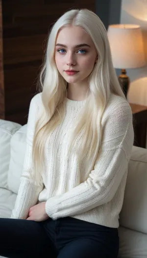 Una splendida donna americana di 19 anni con capelli lunghi e retti, vita sottile, grandi zigomi, labbra piene e stomaco piatto indossa un maglione bianco e jeans neri in una foto che cattura il suo aspetto sorprendente