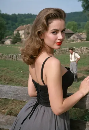 Im französischen Dorf der 1950er Jahre, eine junge Frau in einem sexy Kleid gefangen auf Film mit ihrem sexy Körper und weichen Gesichtszügen. Sie lehnte sich auf einen Zaun zurück, zeigte ihre runden Hintern Wangen, während sie den Betrachter mit sinnlichem Smirk betrachtete