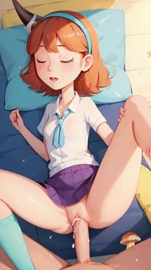 Das Mädchen im Bild trägt ein niedliches Outfit mit einem Regenbogen-farbigen Outfit und hat lange Beine mit einem winzigen Creampie-Shirt bedeckt. Sie hat ein bezauberndes Lächeln auf ihrem Gesicht, und ihr schlanker Körper wird von der winzigen rosa Vagina gezeigt