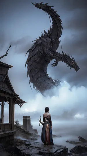 A woman with a sword is walking through the dark woods, watching the Dragon in the distance. Suddenly, a little person with a camera phone appears behind her and takes a picture of her with his phone. She watches him as he runs away into the