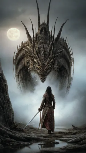 A woman with a sword watches the Dragon in the distance as it burns in intense flames. The Dragon is on fire and is surrounded by fog and clouds. The full moon light illuminates the dark landscape, making it appear even more surreal. The photo