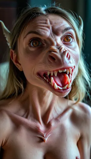 나체상 정맥 anorexic milf 와 dragon-like features 과 pointed ears was staring 직접 에 the camera, revealing 그녀의 pointed ears. 그녀의 눈은 어둠과 피어싱, 그녀는 카메라에 직접 출연