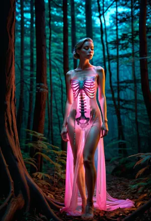 The woman in the picture is a high-detail AI generated by James Jean and Hajime Sorayama, wearing a skin-tight dress made of translucent pink neon skeletons