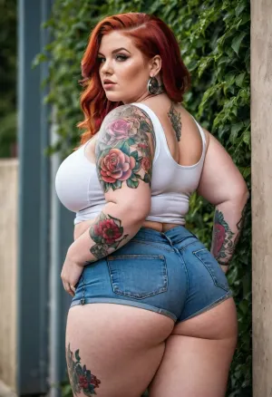 Un modèle de nain hyper gras avec un cul rond et ventre, portant un haut de récolte blanc et mini strings extrêmes. Elle a de grandes poitrines qui pendent à sa taille. Ses cuisses épaisses sont couvertes de tatouages,