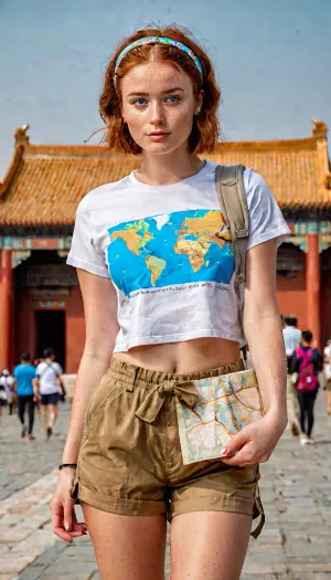 A 25-year-old American woman with a pixie haircut and full body in picture is wearing a mini khakee shorts, midriff crop t-shirt, and high quality backpack. She is holding a small map while walking towards