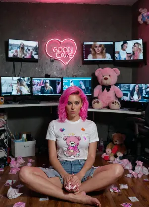 Uma mulher em uma roupa de urso de pelúcia rosa neon sentou-se em um quarto escuro com sinal de néon que leu "Cave de Goon" e foi cercado por telas de computador exibindo-a e fotos dela nas paredes. Seu rosto estava coberto de cum, e ela