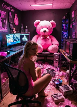 A mulher sentou-se na sala escura, cercada por imagens pornográficas dela com um urso de pelúcia rosa sentado em uma sala escura. Tinha pele cor-de-rosa, as paredes estavam cobertas de cum, e havia tecidos usados espalhados ao redor. A mulher