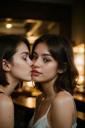 Two girls passionately make out in a club, their lips locked together as they explore each other's mouths with intense emotion. The lighting is soft and intimate, casting a warm glow over their faces. The photo was taken with a high-quality 8