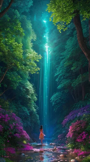 AI, generate a photorealistic digital art photo of a dazzling light in a dark cave with sparkling glitter everywhere. The background is dark and the foreground is lit by ethereal waterfall. The scene is set in a dark cave with sparkling