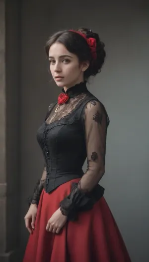 Una mujer española de 35 años vestida con un hermoso vestido victoriano negro con borde rojo, curtsy y un estilo agraciado mientras caminaba por la carretera adoquinada. Tenía una vista completa del cuerpo y su pelo era estilo en una estrella