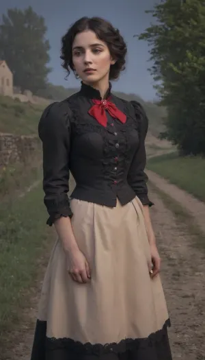 Una mujer española con pelo negro y una vista completa del cuerpo estaba frente a una carretera de piedra caliza, con un hermoso y elegante vestido español sin edad con borde rojo. Ella se curtía con gracia, su cabello negro que fluye balanceando en el