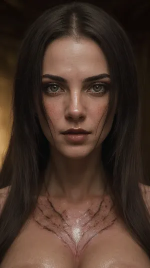 The photo of a beautiful woman in 4K Raw format, generated by Luis Royo, conveys the artistic style of Masterpiece. The photo is symmetrical design and has cinematic details. It is clear focus and the eyes are humanoid,