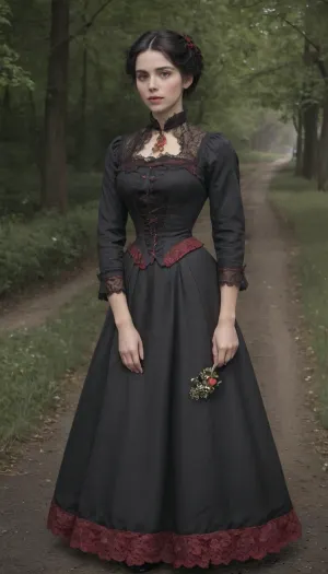 La imagen representa a una mujer impresionante en un elegante vestido negro curtsying frente a una calle de estilo español con adoquines, borde rojo y ojos verdes brillantes