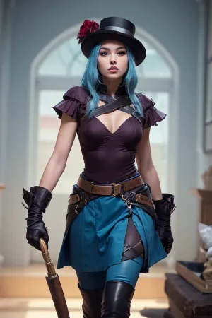 CaitlynLolXL, une joueuse qualifiée de la Ligue des Légendes, a présenté son AI parfait avec une note de 9. Ses seins moyens et ses cheveux bleus complètent son ornement doré sur la tête. Elle tenait sa plume dans une main