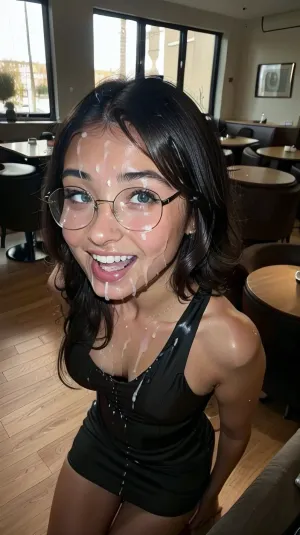 Un modelo de tinta rusa en un restaurante está emocionado de ser fotografiado con su cara cubierta de esperma. Tiene una hermosa sonrisa y una mirada sensual, y sus ojos verdes brillan con emoción. El fotógrafo toma muchas fotos de ella, capturando el