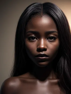 A young African woman with a slim figure and delicate facial features is captured in an 8k photorealistic 8k photo, making her look like she's about to blink at any moment. The model has a slim figure, delicate facial features, and