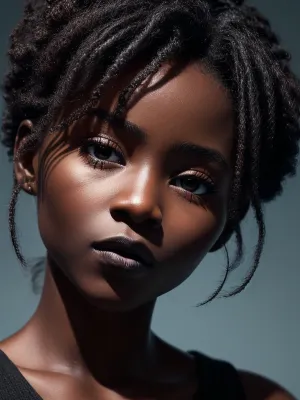 The young African girl's photo with ultra-high quality 8k photo camera produced stunning portrait with smooth skin, long eyelashes, and dark skin pores