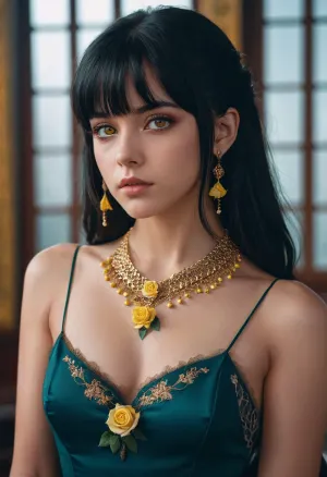 The girl with long black hair and parted lips was wearing a yellow-eyed necklace, a rose bangle on her upper body, and a black dress with slits on the sides. She was looking at the viewer with piercing eyes while holding an anime