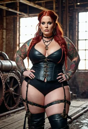 Um modelo de anão de 40 anos de idade com mamas hipertônicas e tatuagens, usando uma roupa de steampunk, foi capturado em uma fábrica abandonada a vapor. A foto foi tirada de um ângulo alto, mostrando a mulher
