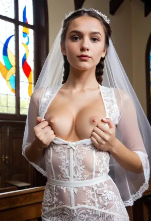 The young woman stood at the alter, her long brunette hair cascading down her back. She wore a tight white mermaid wedding dress, with intricate Dutch braid details. Her exposed breasts were visible through the lace of her top, and she