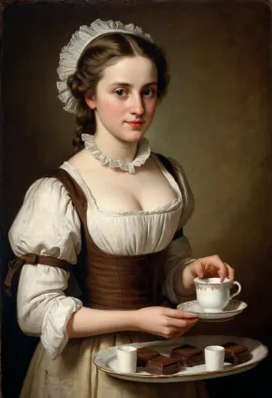 The maid's eyes were downcast as she carried the tray, her cheeks flushed with embarrassment. The pastel technique used to create the image was exquisite, capturing every detail of the girl's clothing and setting. The text accompanying the painting read: 