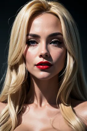 A woman with long blonde hair and a red lipstick smiles seductively in a black-and-white portrait. She's wearing a red lipstick that matches her dress perfectly. Her eyes are lined with thick, dark lashes, and her