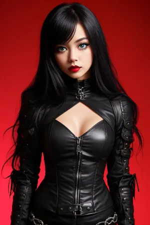 Das Mädchen mit der roten Gothic Körper Rüstung und Zubehör stand vor einem dunklen roten Hintergrund, ihre Augen leuchten mit Intensität. Sie war voll bekleidet in hellen Farben, und ihr Haar wurde so gestaltet, als wäre es mit leuchtenden Farben bemalt worden
