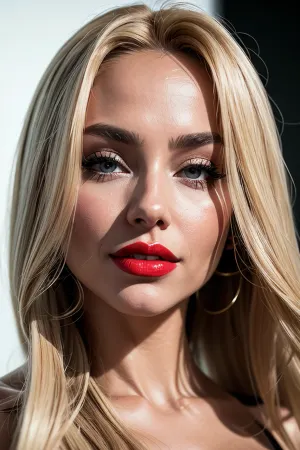 The woman with the intense red lipstick smiled as she posed for the camera. Her blonde hair cascaded down her back, and her lips were painted in a deep shade of red. She was dressed in a black and white portrait, which made her