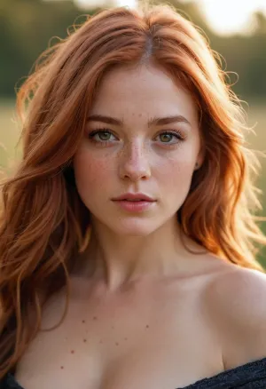 The girl in the picture had long, red hair and freckles on her nose. She was wearing a small, blue bikini that showed off her nipples and upper body. Her lips were slightly parted as she looked at the camera with a