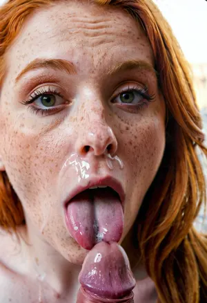 Una donna in una foto indossa occhi doe verdi mascara e lentiggini, i suoi capelli sono discepolati e sborrata, ha più lentiggini sul suo viso, pupille dilatate, espressione orgasmo ahegao,