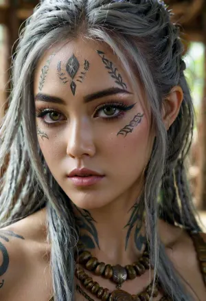 A mulher com os olhos perfeitos e corpo cheio estava usando um cabelo cinza, construir, luz natural aldeia tribal amazônica. Ela tinha um design de fantasia fantástico que a fez parecer um guerreiro de outro mundo. Ela estava sozinha no interior do