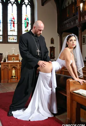The young bride was dressed in a white gown and veil, her long hair cascading down her back. She stood nervously at the altar, waiting for the priest to begin the ceremony. Suddenly, she felt a hand on her shoulder and turned to