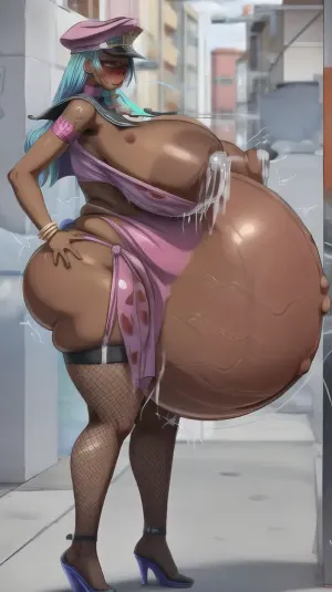 A woman with a massive pregnant belly and a dildo in her mouth is depicted in an outie belly button piercing and has massive breasts that are sagging from the weight of the dildo. She is wearing an enormous strap-on dildo and