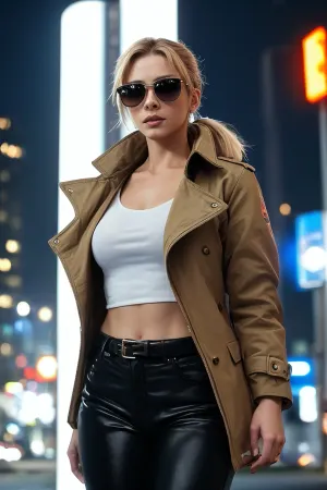 Claire Redfield, the girl with the ponytail and sunglasses, stood tall on a rooftop as she scanned the city for any signs of danger. Suddenly, a figure appeared from behind a building and approached her. It was Jde, the
