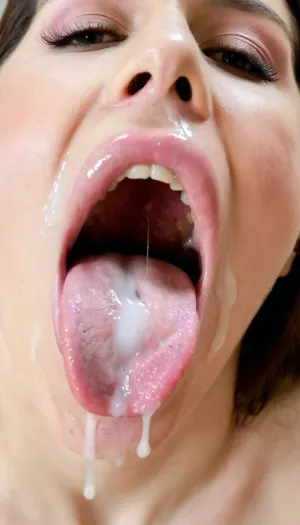Closed view of a mouth creampie, dropping cum., (Open mouth full of cum:1.9), the cum is dripping on the side of mouth