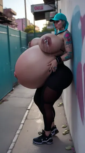 The picture depicts a tall, hyper-belly pregnant woman with a huge dildo inserted into her pussy. She is wearing a turquoise fishnet bodysuit and high-heeled boots. Her hair is styled in an elaborate braid,