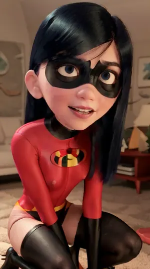 VioletParr, लंबे काले बालों के साथ एक युवा वयस्क लड़की और उसके गाल पर freckles, काले लेटेक्स दस्ताने और उसकी आंखों पर लंबे काले लेटेक्स मास्क के अलावा एक लेटेक्स मोज़ा पहने हुए है। वह आपको देख रही है