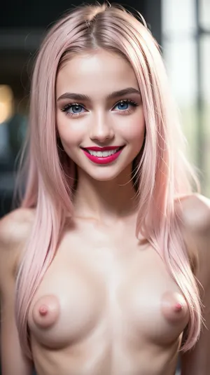 一个18岁女孩 自然微笑和宽眼 高分辨率 清晰的焦点 光现实主义 乳头蓬勃 白皮肤 专业照明