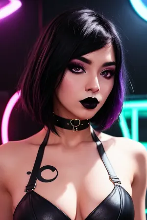 18岁的年轻美丽的哥特女孩坐在床上,双腿交叉,专注于这个年轻女孩的卧室网络朋克风格服装的反波风格. 她的上身是可见的, 她有一个性欲