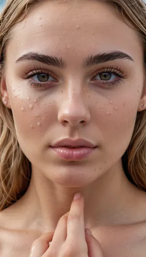 A young Nordic woman with high quality AI, 8K uhd, 18 year old Nordic woman, wearing a bikini and standing at the beach. She has full body view and sharp focus with narrow eyebrows that make her look like a model